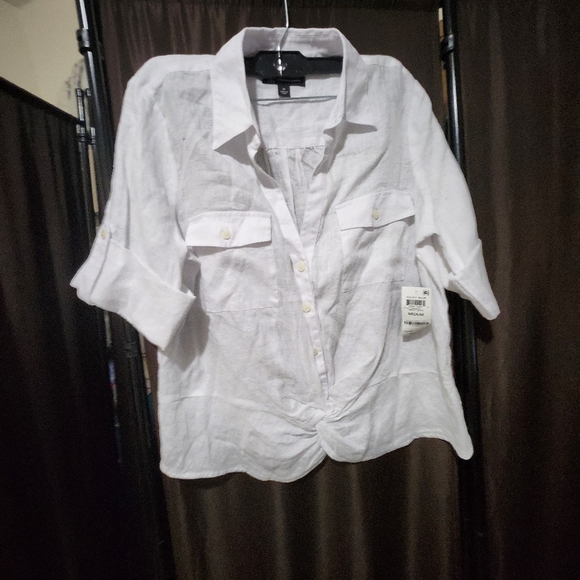INC 100% linen white knotted button front top roll cuff sleeve  boho cot… - Picture 12 of 12